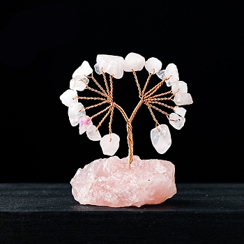Natural Rose Quartz Chips Tree Decorations, Gemstone Base with Copper Wire Feng Shui Energy Stone Gift for Home Office Desktop Ornament, 55~70mm