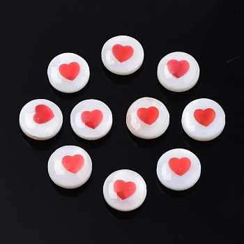 Natural Freshwater Shell Beads, with Enamel, Flat Round with Heart, Red, 8x4.5mm, Hole: 0.6mm