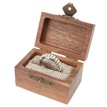 Rectangle Vintage Wood Ring Storage Boxes, Flip Cover Case, with Jute Inside and Iron Clasps, for Wedding, Proposal, Valentine's Day, Saddle Brown, 4.4x6x3.65cm, Inner Size: 4.95x2.95x1.8cm