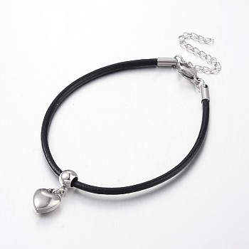 Heart 304 Stainless Steel Charm Bracelets, with Cowhide Leather Cord, Stainless Steel Color, 185x2.5mm