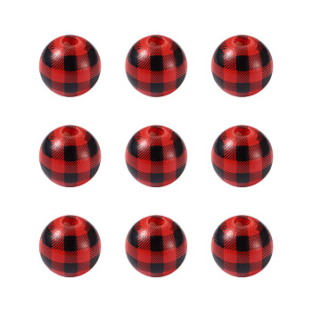 Natural Wooden Beads, Plaid Beads, Tartan Pattern, Round, Red, 5/8 inch(16mm), Hole: 4mm