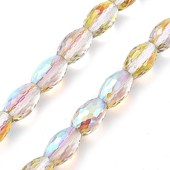 Electroplate Transparent Glass Beads Strands, Oval, Half Rainbow Plated, Faceted, Colorful, 10x6mm, Hole: 1.2mm, about 39pcs/strand, 15.94''(40.5cm)