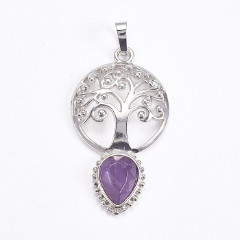 Brass Pendants, Natural Amethyst, Faceted, Hollow Flat Round with Tree of Life and Teardrop, Platinum, 49x27x6mm