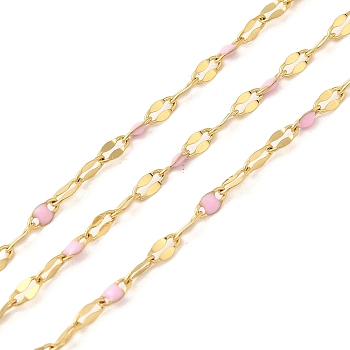 Ion Plating(IP) 304 Stainless Steel Dapped Chains, Enamel Style, Real 18K Gold Plated, Soldered, with Spool, Polished, Pink, 4x2x0.3mm, about 32.81 Feet(10m)/Roll