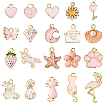 20Pcs 20 Styles Alloy Enamel Pendants, Mixed Shapes, Pink, 12~26x7~15x1~6mm, hole: 1~4mm, 1pc/style