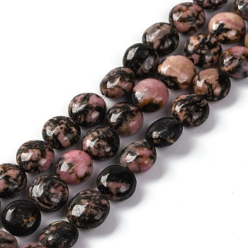 Natural Rhodonite Beads Strands, Flat Round, 7.5~8x4.5~5mm, Hole: 1.2mm, about 50~51pcsrand, 14.57~15.35 inch(37~39cm)