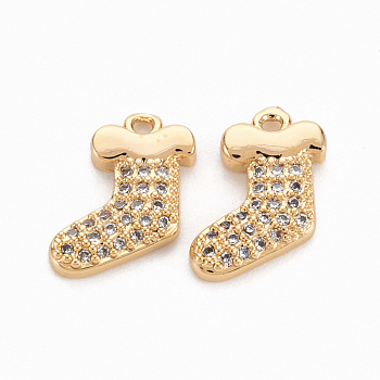 Brass Micro Pave Clear Cubic Zirconia Charms, Nickel Free, Sock, Real 18K Gold Plated, 13x11x2mm, Hole: 1.2mm