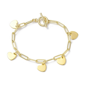 Golden 304 Stainless Steel Charm Bracelets with Brass Paperclip Chains, Heart, 7-1/2~7-5/8 inch(19.2~19.3cm)