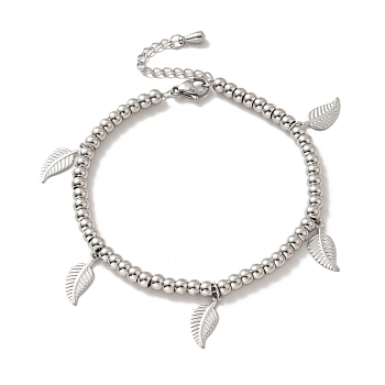 304 Stainless Steel Leaf Charm Bracelet with 201 Stainless Steel Round Beads for Women, Stainless Steel Color, 8-5/8 inch(22cm)