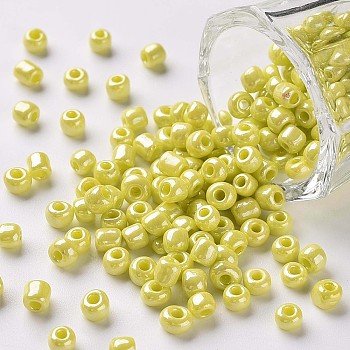 Glass Seed Beads, Opaque Colors Lustered, Round, Yellow, 4mm, Hole: 1.5mm, about 4500pcs/pound