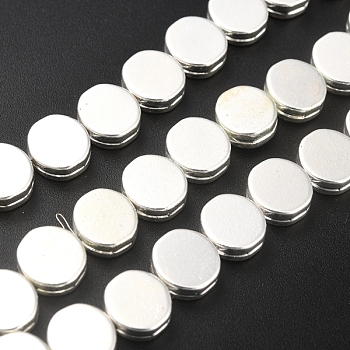 Non-magnetic Synthetic Hematite Beads Strands, Galvanic Plating(Color Retention for 1 Year), Flat Round, Silver Plated, 9.5x9x3.5mm, Hole: 1.2mm, about 44pcs/strand, 15.75 inch(40cm)