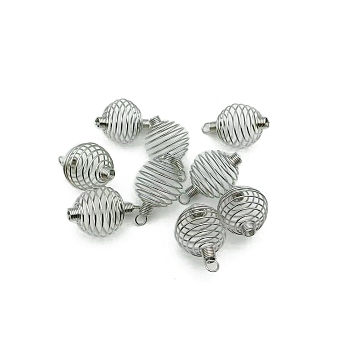 Carbon Steel Spiral Bead Cage Pendants, Hollow Spring Ball Charms, Platinum, 35x25mm