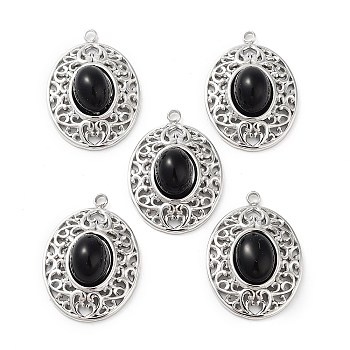 304 Stainless Steel Pendants, Natural Black Onyx(Dyed & Heated) Oval Charms, Stainless Steel Color, 21x15x5.5~6.5mm, Hole: 1.5mm