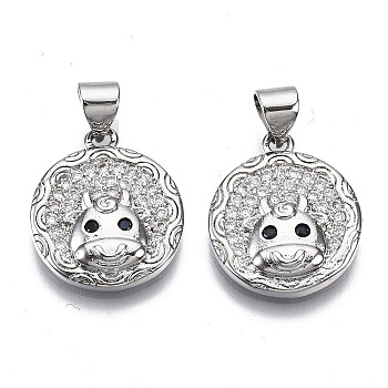 Brass Micro Pave Cubic Zirconia Pendants, Flat Round with Cattle, Nickel Free, Real Platinum Plated, 17.5x15x3.5mm, Hole: 3.5x4.5mm