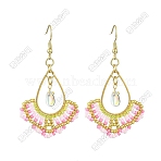 Handmade Glass Seed Beads Dangle Earrings, with 304 Stainless Steel & Glass, Teardrop, Golden, Pearl Pink, 61x34.5mm(EJEW-FS00076)