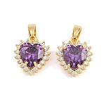 Brass Micro Pave Cubic Zirconia Charms, Heart Charms, Real 18K Gold Plated, Dark Violet, 14x12x7.5mm, Hole: 4x2.5mm(CU-CBAA6E8-07G-03)
