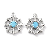 Brass Glass Pendants, Faceted, Deep Sky Blue, Flower, Real Platinum Plated, 15x13x3mm, Hole: 1.2mm(KK-M102-33P-02)