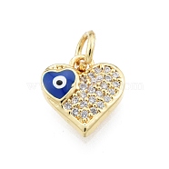 Brass Micro Pave Clear Cubic Zirconia Charms, with Enamel and Jump Rings, Golden, Heart with Evil Eye, Blue, 10x10x2.5mm, Hole: 3mm(KK-I691-03B)
