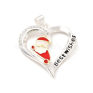 Christmas Brass Crystal Rhinestone Pendants, with Enamel, Heart with Santa Claus and Word Best Wishes Charms, Silver, 23.5x23x4mm, Hole: 5x3.5mm(RB-P036-01S)
