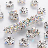Brass Rhinestone Spacer Beads, Beads, Grade A, Clear AB, with AB Color Rhinestone, Silver Color Plated, Nickel Free, Size: about 6mm in diameter, 3mm thick, hole: 1mm(RSB028NF-02)