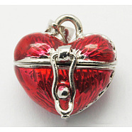 Brass Prayer Box Pendants, Enamel, Heart, FireBrick, 16.5x17.5x14mm, Hole: 4x6mm(KK-Q198-1)