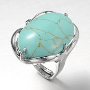 Adjustable Oval Brass Synthetic Turquoise Wide Band Rings, 17mm, Tray: 28x22mm(RJEW-L062-03F)