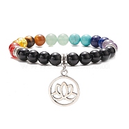 Natural Black Agate & Mixed Gemstone Stretch Bracelet with Alloy Lotus Charms, Chakra Jewelry for Women, Inner Diameter: 2-1/8 inch(5.5cm)(BJEW-TA00134-01)