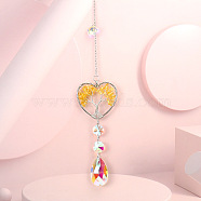 Wire Wrapped Natural Yellow Quartz Heart with Tree of Life Pendant Decorations, Glass Teardrop Tassel Suncatchers for Window Hanging Ornaments, 375mm(HJEW-K046-02P-06)