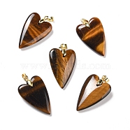Natural Tiger Eye Pendants, with Rack Plating Golden Plated Brass Findings, Long-Lasting Plated, Heart, 32~34x20x8mm, Hole: 4x4mm(G-E570-01G-07)