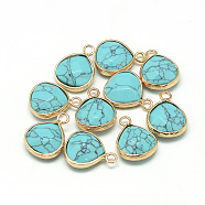 Synthetic Turquoise Pendants, with Nickel Free Brass Findings, Faceted, Dyed, teardrop, Golden, Turquoise, 17.5x13.5x6.5mm, Hole: 2mm(X-G-Q963-03)