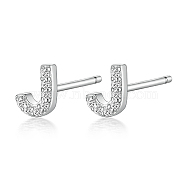 Rhodium Plated 925 Sterling Silver Initial Letter Stud Earrings, with Cubic Zirconia, Platinum, Letter J, 5x5mm(HI8885-10)