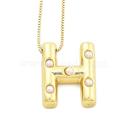 Brass & Plastic Pearl Letter Pendant Box Chain Necklaces for Women, Real 18K Gold Plated, Letter H, 17.64 inch(44.8cm)(NJEW-U017-01G-08)