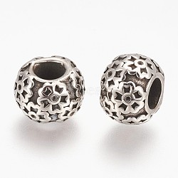 304 Stainless Steel European Beads, Large Hole Beads, Flat Round with Flower, Antique Silver, 12x8.5mm, Hole: 5mm(STAS-E432-01AS)