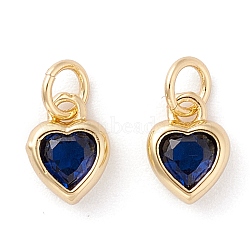 Brass inlaid Cubic Zirconia Pendants, with Jump Ring, Long-Lasting Plated, Heart, Real 18K Gold Plated, Blue, 9.5x7x3mm, Hole: 3.6mm(ZIRC-A019-13G-I)