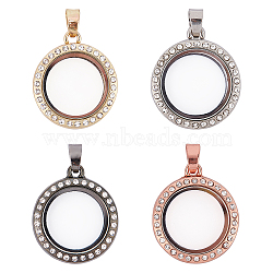 CHGCRAFT 4Pcs 4 Colors Alloy Photo Frame Pendants, with Crystal Resin Rhinestone, Cadmium Free & Lead Free, Flat Round, Mixed Color, 25mm(ALRI-CA0001-006B)