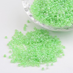 12/0 Ceylon Round Glass Seed Beads, Pale Green, Size: about 2mm in diameter, hole:1mm, about 3303pcs/50g(X-SEED-A011-2mm-144)
