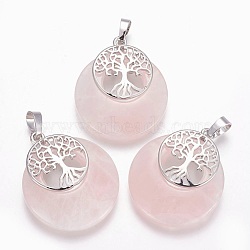 Natural Rose Quartz Pendants, with Platinum Tone Brass Findings, Flat Round with Tree of Life, 32.5~33x27.5~28x5~6mm, Hole: 5x7mm(G-F573-C12)