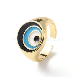 Evil Eye Rack Plating Brass Enamel Cuff Ring for Women, Wide Band Open Finger Ring, Lead Free & Cadmium Free, Real 18K Gold Plated, Black, Inner Diameter: US Size 7(17.3mm)(RJEW-F143-05G-01)