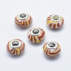 Handmade Polymer Clay European Beads, with Silver Color Plated Brass Cores, Large Hole Beads, Rondelle, Chocolate, 13~16x8~11mm, Hole: 4.5~5mm(CLAY-K002-C03)