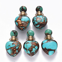 Heart Assembled Natural Bronzite and Synthetic Turquoise Openable Perfume Bottle Pendants, with Brass Findings, Dyed, Golden, Capacity: 1ml(0.03 fl. oz), 37.5~38.5x22x13mm, Hole: 1.8mm(G-R484-01B)