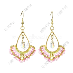 Handmade Glass Seed Beads Dangle Earrings, with 304 Stainless Steel & Glass, Teardrop, Golden, Pearl Pink, 61x34.5mm(EJEW-FS00076)