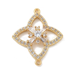 Rack Plating Brass Clear Cubic Zirconia Flower Connector Charms, Long-Lasting Plated, Cadmium Free & Lead Free, Real 18K Gold Plated, 29.5x24.5x4.5mm, Hole: 1.2mm(KK-A234-063G)