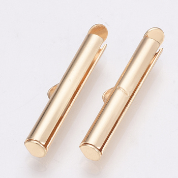 Brass Slide On End Clasp Tubes, Slider End Caps, Light Gold, 6x25x4mm, Hole: 1x3mm, Inner Diameter: 3mm