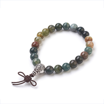 Natural Round Indian Agate Stretch Bracelets, with Alloy Guru Bead Sets, Burlap Packing, Antique Silver, 2-1/8 inch(5.5cm), Bag: 12x8.5x3cm