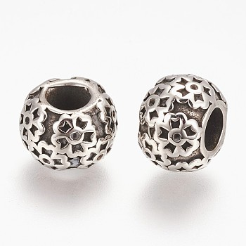 304 Stainless Steel European Beads, Large Hole Beads, Flat Round with Flower, Antique Silver, 12x8.5mm, Hole: 5mm