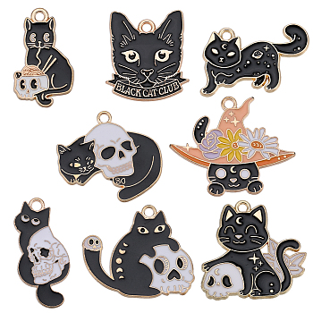 32Pcs 8 Style Alloy Pendants, with Enamel, Cat Shape with Skull Charm, Mixed Color, 18~27.5x14.5~31x1~1.5mm, Hole: 2mm, 4pcs/color