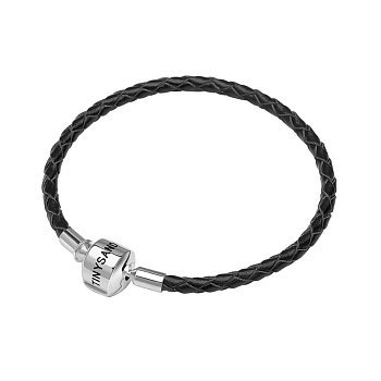 TINYSAND Rhodium Plated 925 Sterling Silver Braided Leather Bracelet Making, with Platinum Plated European Clasp, Black, 170x3.99mm