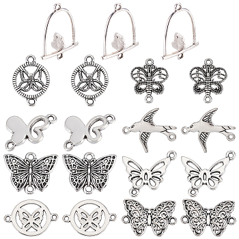 72Pcs 9 Styles Tibetan Style Zinc Alloy Connector Charms, Butterfly & Bird & Flat Round, Antique Silver, 11~21x14~22x2mm, Hole: 1~2mm, 8pcs/style