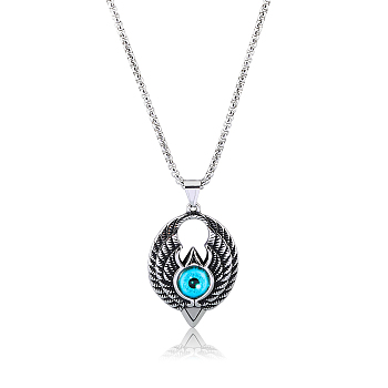 Wing with Evil Eye Pendant Necklace Lucky Spiritual Protection Necklaces Hip-hop Punk Style Charm Titanium Steel Jewelry for Men and Women, Antique Silver, 21.65 inch(55cm)