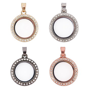 CHGCRAFT 4Pcs 4 Colors Alloy Photo Frame Pendants, with Crystal Resin Rhinestone, Cadmium Free & Lead Free, Flat Round, Mixed Color, 25mm